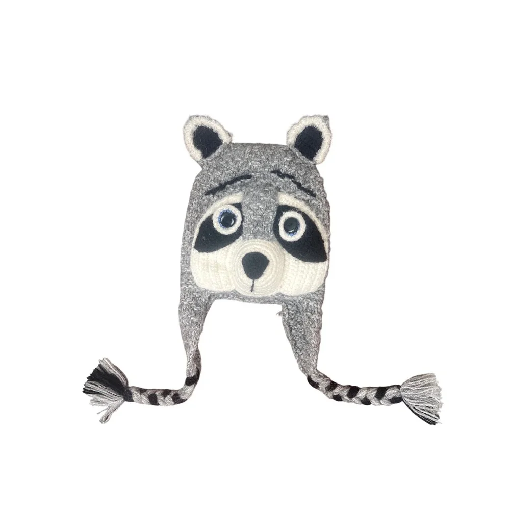 Kids Grey Jimothy Raccoon Hand Knit Animal Beanie Earflap Hat  Braided Tassels